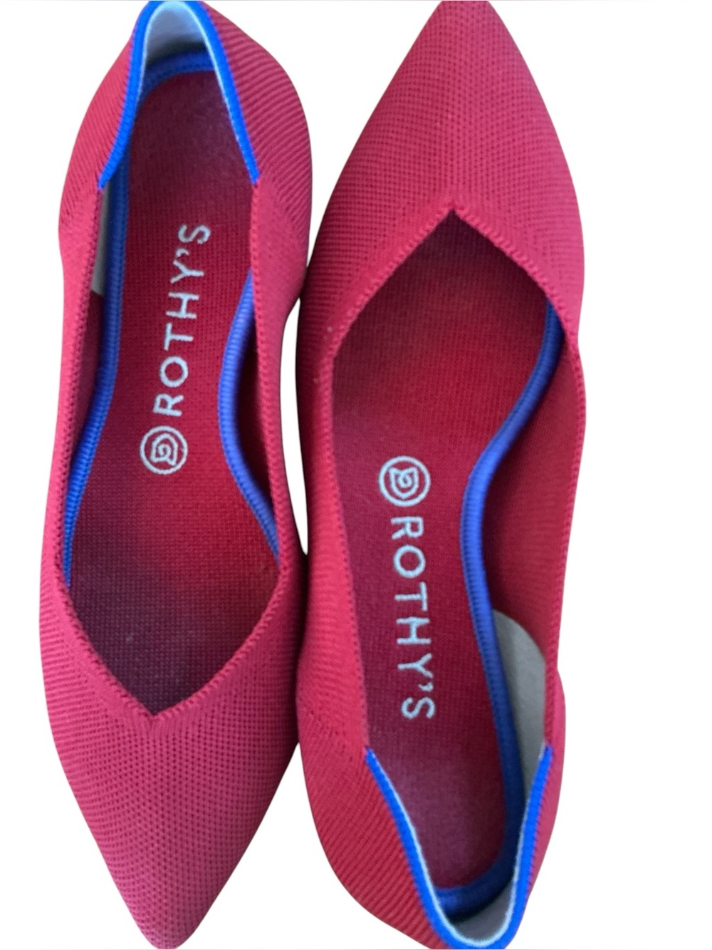 Rothy's Women's Pointed Flat in Raspberry with Blue Trim. 8 1/2